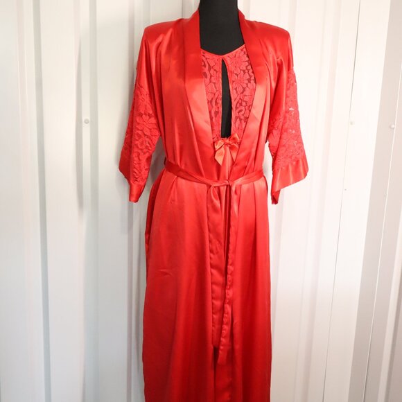 California Dynasty Womens Vintage Robe Chemise Set Red Lace Slip Dress Size Med - Picture 2 of 13
